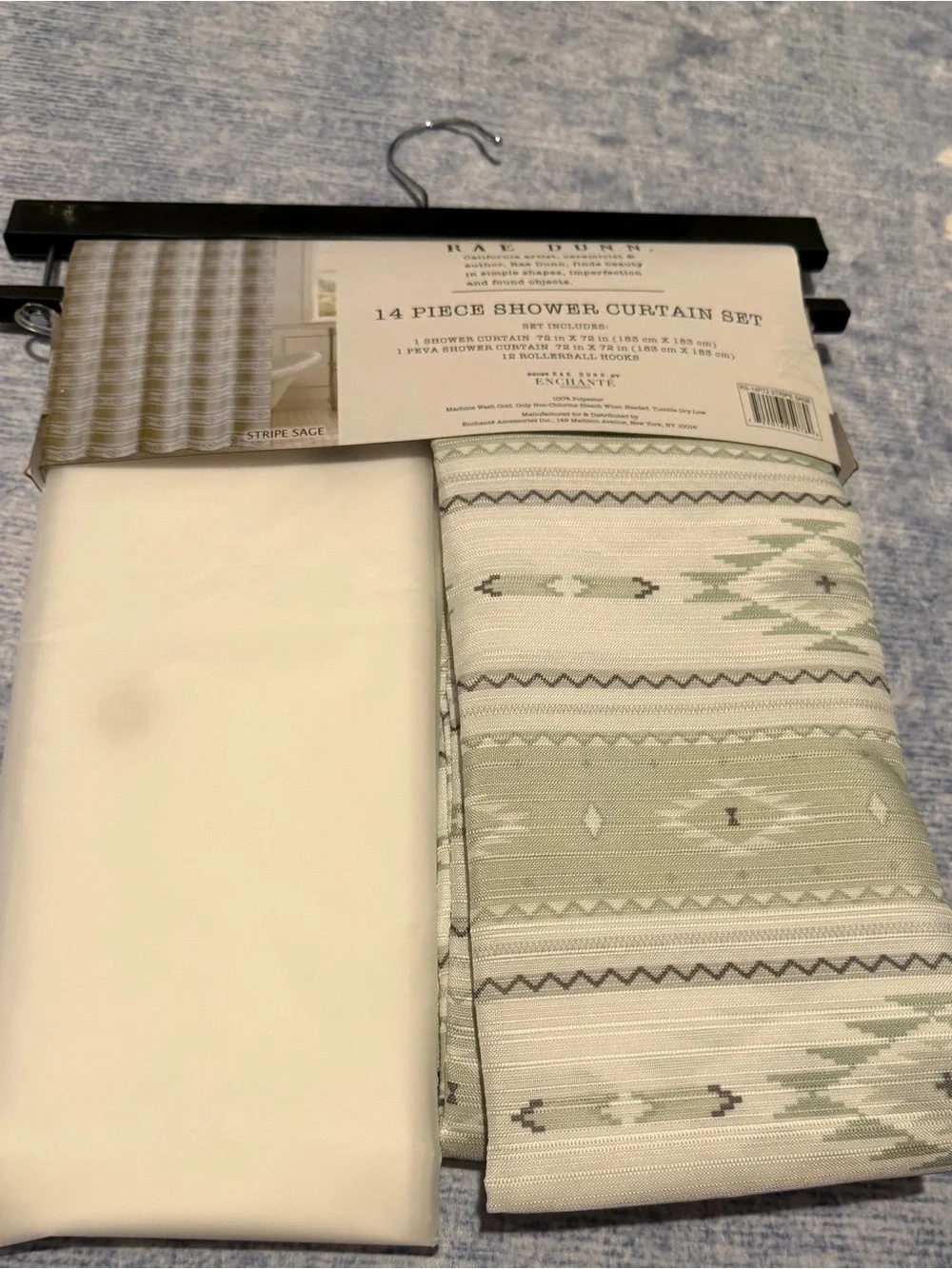 Rae Dunn Sage and White Patterned 14-Piece Shower Curtain Set